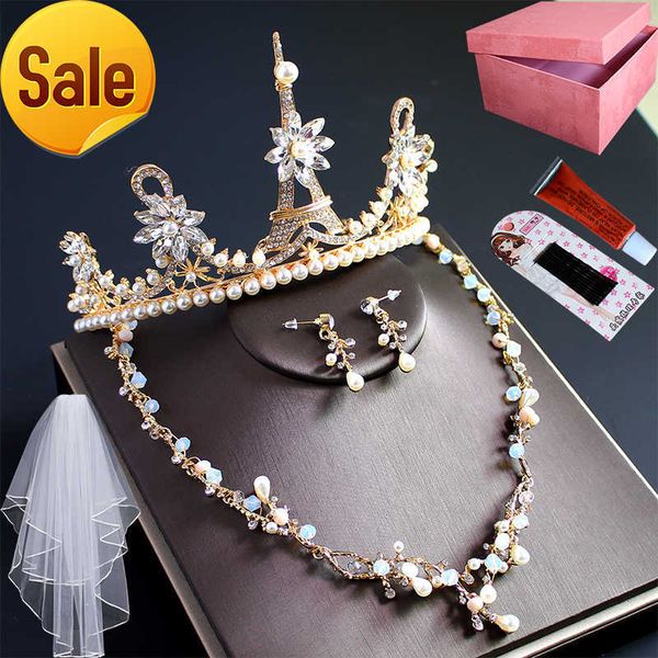 

new send box romantic crown headdress luxury earrings necklace fashion three-piece bridal knot wedding princess jewelry, Silver