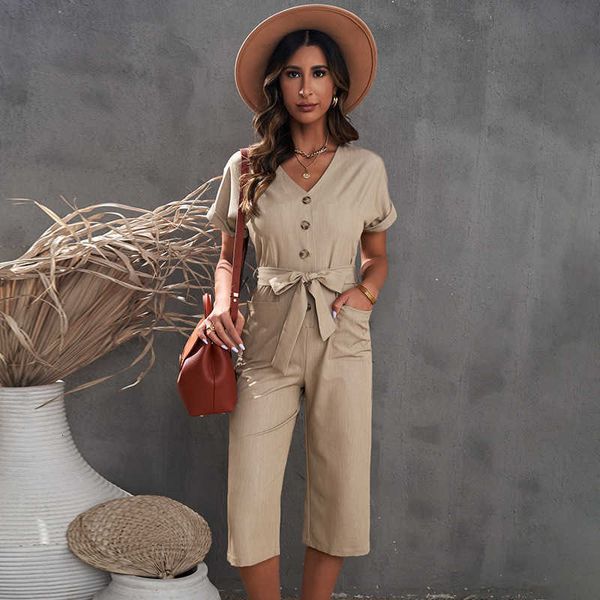 

7/4 shi ying bodysuit women's summer new v-neck single breasted belt pocket women, Black;gray