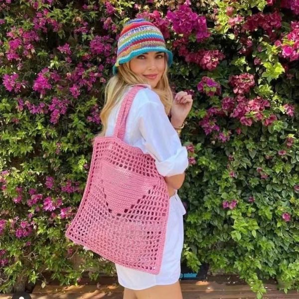 

summer beach travel bags p & g raffia straw wicker totes bag women luxury designer fashion shopping bag hollow out monograms handbag braided, Red;black