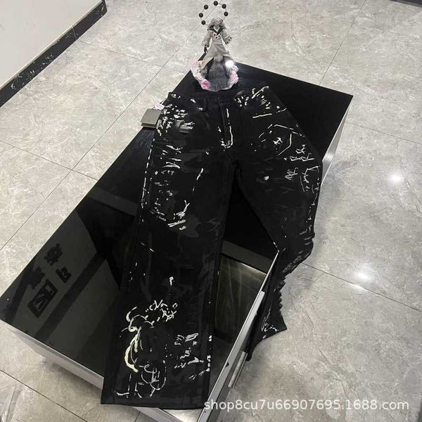 

Men's Jeans High version B Home Paris hand drawn splashed ink graffiti painting straight tube loose fitting fashionable men's and women's jeans 1FBU, Black
