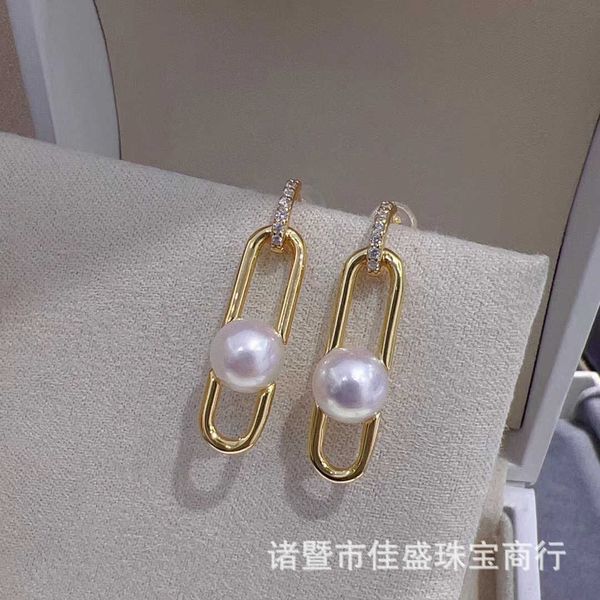 

high-quality tiffay's identical pure silver geometric chain earrings natural freshwater pearls 7-8mm round with almost flawless bright, Golden;silver