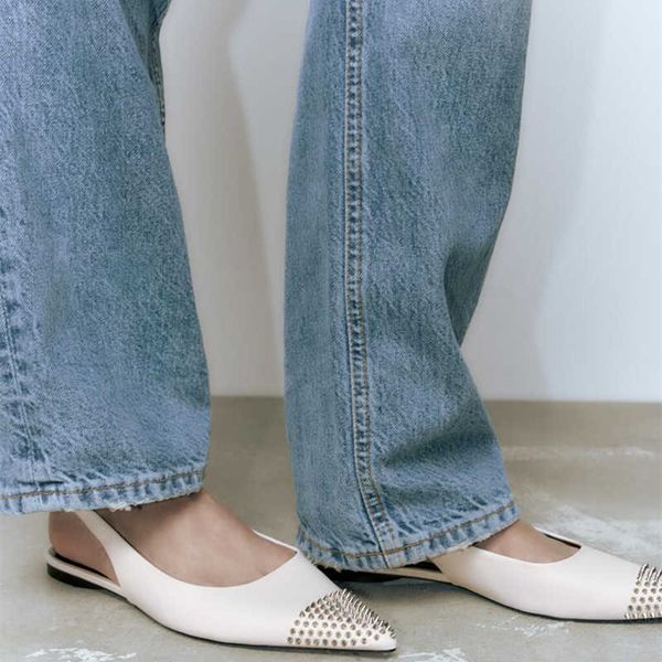 

new sandals women studded flat leather slingbacks white pointed toe flats shoes woman casual plus size 230406, Black