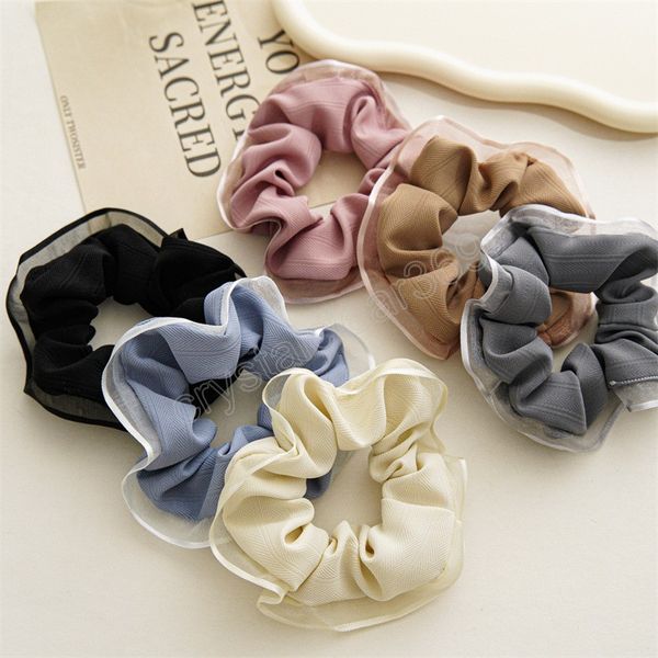 

female lace edge elastic hair bands chiffon cloth hair rope solid color simple all-match bubble scrunchies hair accessories, Slivery;white