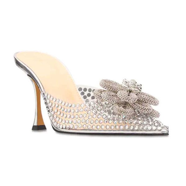 

slippers crystal flower women's sandals diamond studded pointy toe runway women slippers high heel shiny summer transparent shoes 23040, Black