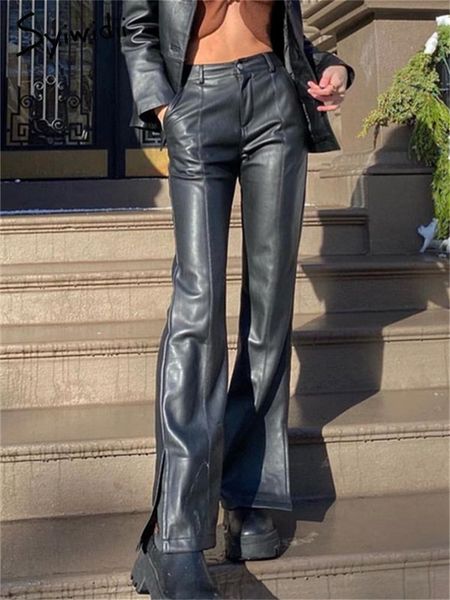 

women's pants capris syiwidii leather flare women fall winter high waisted vintage streetwear black brown wide leg fashion trousers 230, Black;white