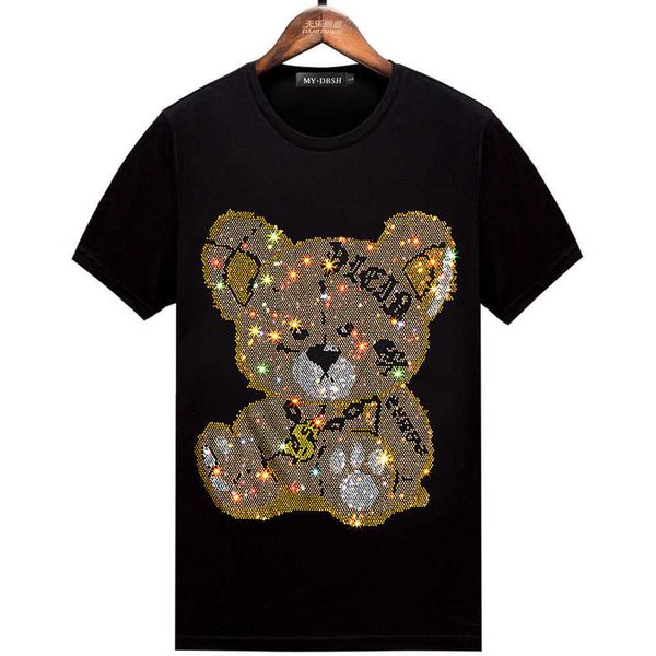 

cartoon little bear heavy industry rolled diamond flash diamond for men and women couple wear large short sleeve t-shirt large half sleeve s, White;black