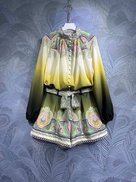 

two piece dress 2023 spring new high collar printed shirt with short set, White