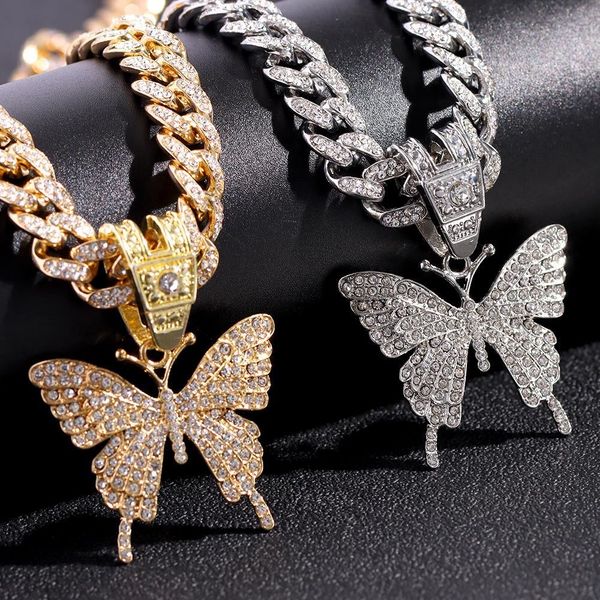

chokers trendy butterfly crystal pendant cuban necklace for women iced out cuban link chain chunky necklace choker hip hop jewelry 230428, Golden;silver