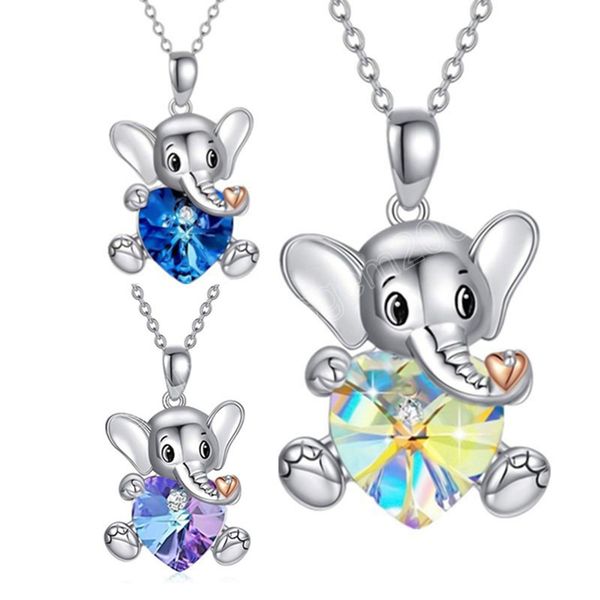 

3 colors love heart crystal stone elephant pendant necklace for women banquet party charming jewelry gift, Silver