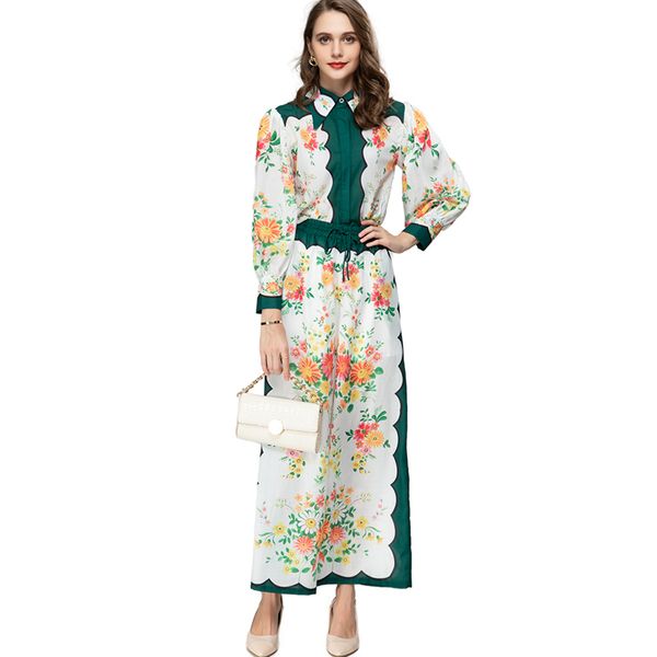 

women's runway two piece pants turn down collar long sleeves shirt with printed wide leg pant fashion twinset sets, White