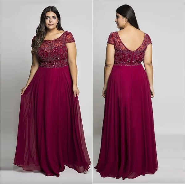 

burgundy plus size prom dresses sheer jewel neck chiffon backless evening gowns a-line floor length long beaded formal dress, Black;red