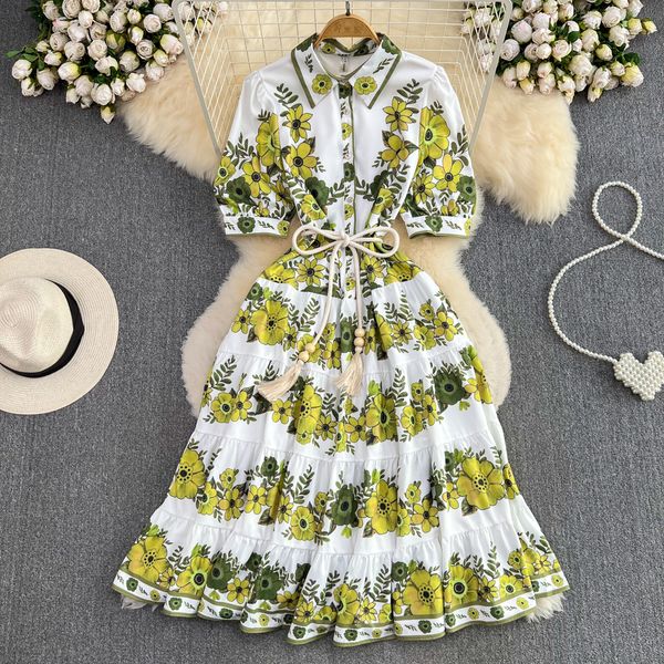 

casual dresses runway fashion summer bohemian dress women's lapel green flowers printed belt loose holiday pleated party vestidos 2023, Black;gray