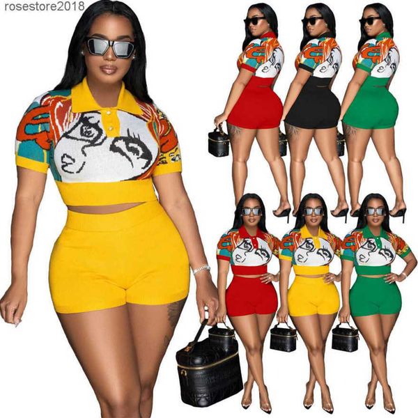 

womens designer clothing casual tracksuits two piece outfits fashion printed polo collar cashmere thread spliced shorts sleeve shorts set, Gray
