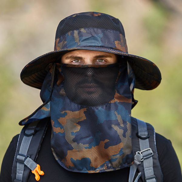 

wide brim hats bucket hats multipurpose camouflage outdoor climbing fishing brim fisherman hat summer men's bucket hat neck guard sun p, Blue;gray
