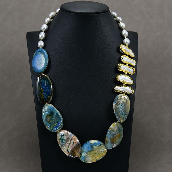 

beaded necklaces freshwater cultured gray rice pearl gold white biwa pearl blue agate oval chunky peace necklace handmade lady jewelry gifts, Silver