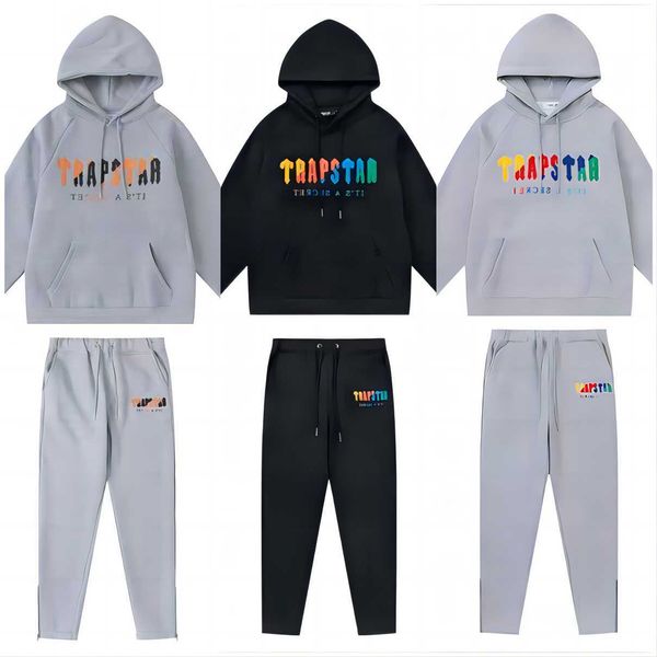 

trapstar tracksuit hoodie rainbow scarf embroidered and velvet hooded sportswear close-up zipper pants casual guard pants trapstar hoodie ho, Gray