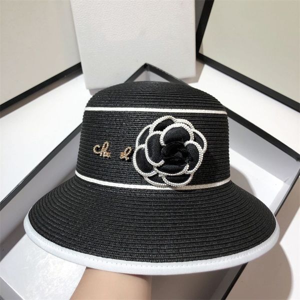 

designer straw hat brand gold characters cap camellia flowers and grass woven basin hats fashion retro ladies' gift hats outdoor wide b, Blue;gray