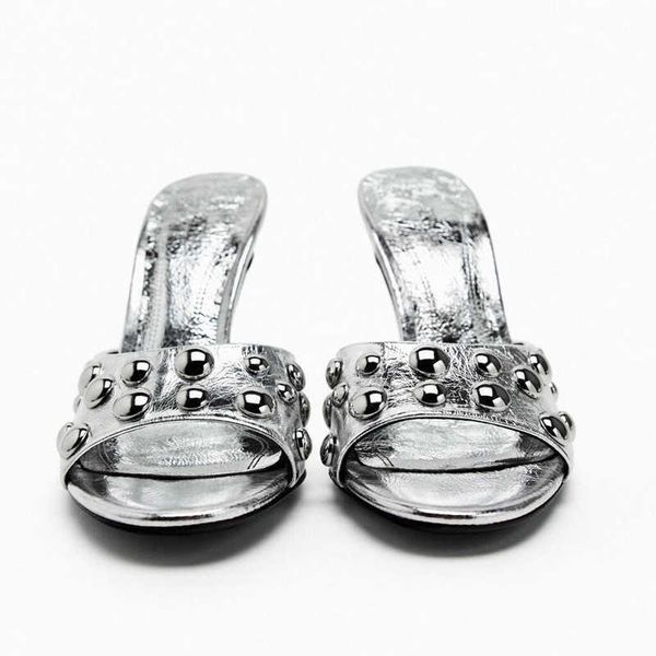 

new sandals womens silvery high heeled summer slides squared toe studded female gold heels beach heeld shoes 230406, Black