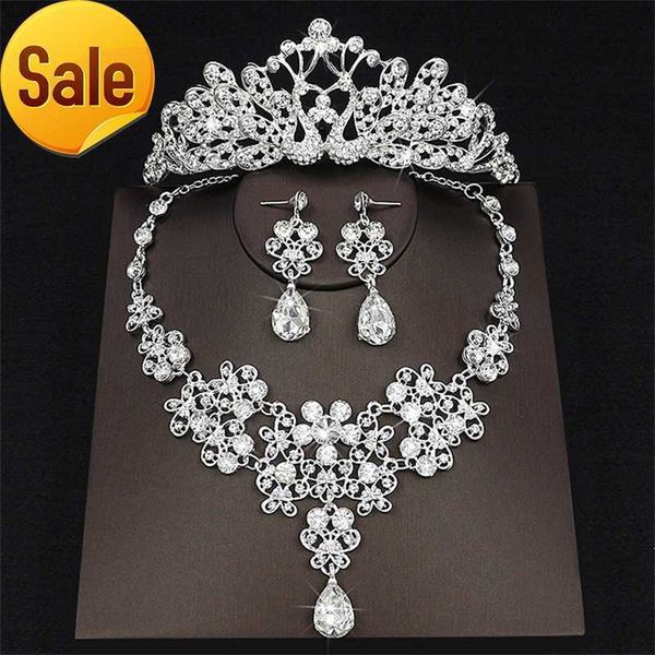 

2018 drop rhinestone wedding jewelry set necklace crown tiaras crown earrings headwear beading three piece party bridal accessories, Silver