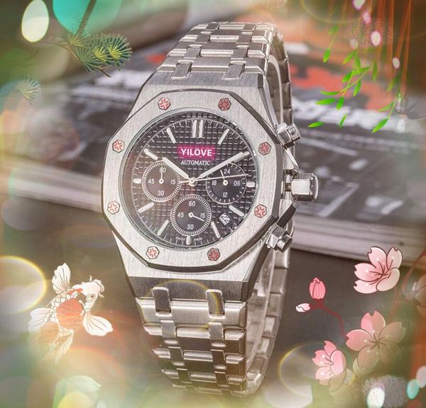 

great value mens famous watch 42mm multi-functional quartz automatic movement male time clock watches stainless steel band rose gold blue bl, Slivery;brown
