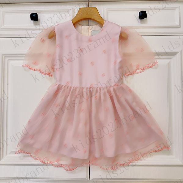 

girls pink mesh dresses brand designer kids princess dresses 2023ss summer children embroidery pleated skirts cotton girls skirt size 100-15, Red;yellow