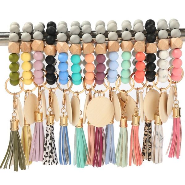 

fashion key chain for men creative silicone beadwood brand wood chip bracelet keychain designer personality tassel bracelet key ring, Silver