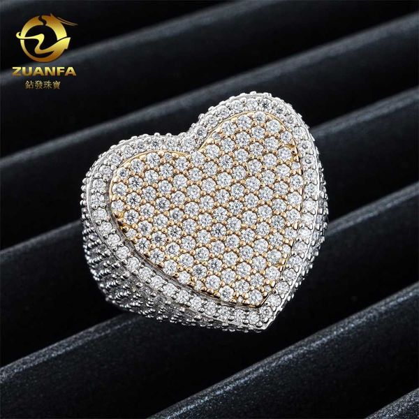 

luxury heart style vvs moissanite finger ring two tones gold plated hip hop iced out rings men diamond ring, Silver