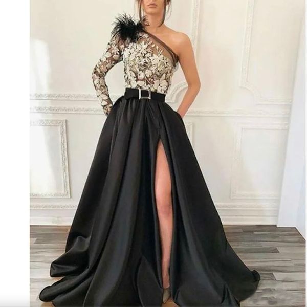 

modern one shoulder black satin a line evening gown long sleeve appliques front split long prom dresses for special occasion wear, Black;red