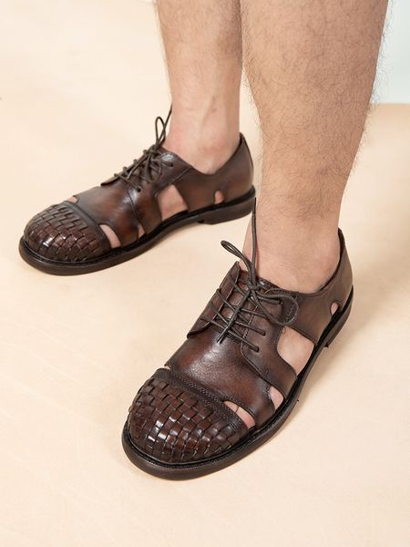 

brown black weave plaid sandals rome gladiators shoes british style vintage casual men sandal shoes handmade