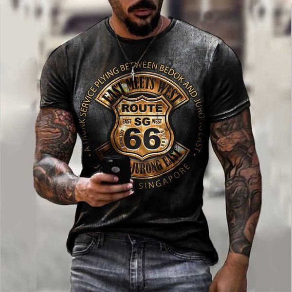 

summer new highway 66 digital print street hip hop slim fit pullover men's t-shirt, White;black