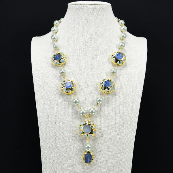 

beaded pendant natural gray sea shell pearl blue kyanite larimar gems gold plated edge flat coin necklace pendant jewelry gift for lady, Silver