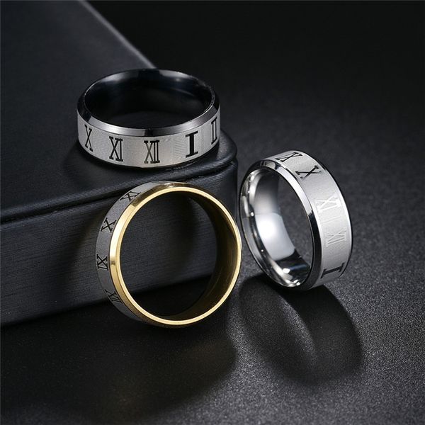 

8mm trendy hiphop roman numerals couple rings stainless steel mens designer ring blue silver gold ring for woman party south american fashio