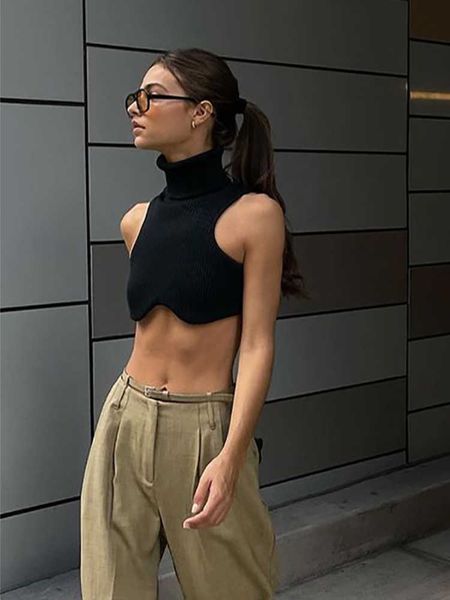 

women's tanks camis y2k black knitting turtleneck crop women irregularity skinny elasticity tank fashion club streetwear y2302, White