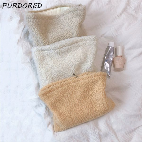 

cosmetic bags cases purdored 1 pc winter warm lambswool makeup bag women solid color soft wool cosmetic bag travel female large handbag inne