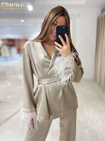 

women's tracksuits clacive causal loose home suit autumn fashion khaki satin wide pants set elegant long sleeve lace-up robes two piece, Gray