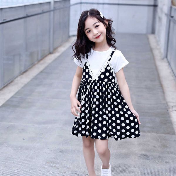 

girl's dresses cute white spots fake two pieces dress knee-length dresses dots black spliced girls clothes summer 2020 kids 0131, Red;yellow