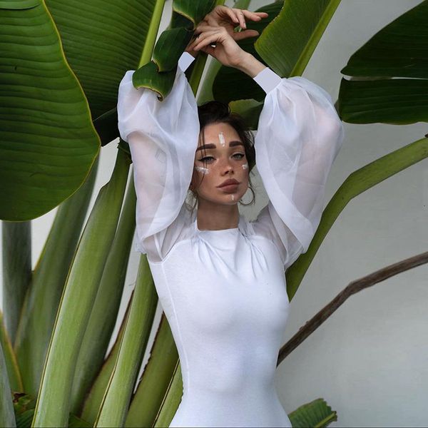 

women's jumpsuits rompers yimunancy mesh patchwork long sleeve bodysuit women puff spring ladies skinny body femme 230131, Black;white