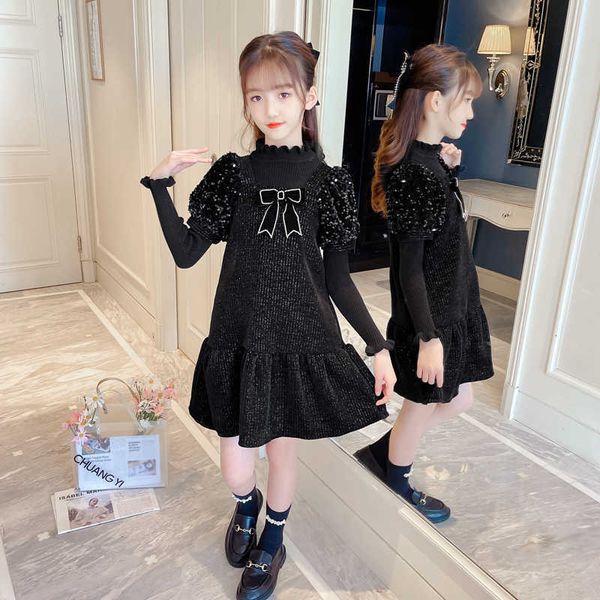 

girl's autumn winter es black sequin puff sleeve vest with bow ruffle thicken princess dress for 3-12 years baby girls 0131, Red;yellow