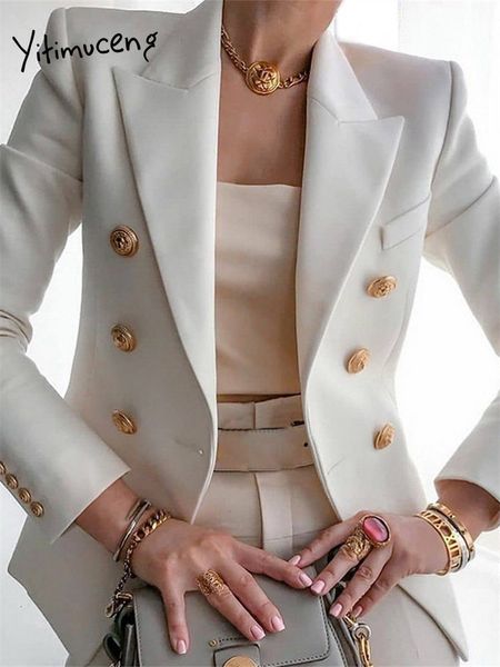 

women's suits blazers yitimuceng blazer women spring korean fashion notched long sleeve double breasted solid slim casual jackets 23020, White;black