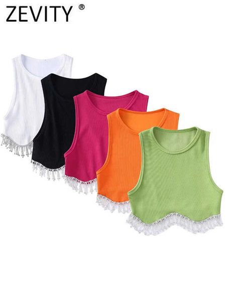 

women's tanks camis zevity women candy color hem tassel diamond beading knitting t shirt chic short camis tank lady slim crop vest ls1, White