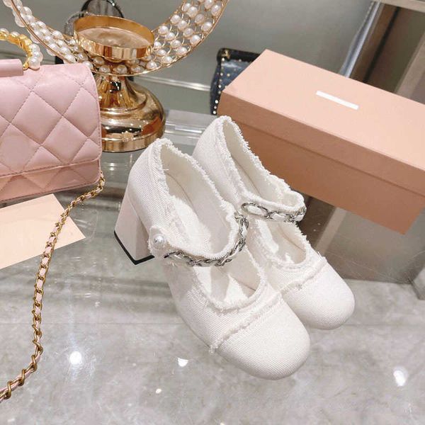 

brand casual shoes 2023 spring new lace twill denim round head thick heel high heel single shoes size 35-40, Black