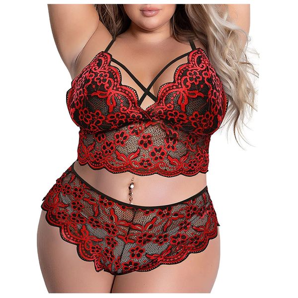

other panties women plus size lingerie set hollow out lace perspective bra and briefs underwear lenceria sensual mujer exotic costume 230131, Red;black