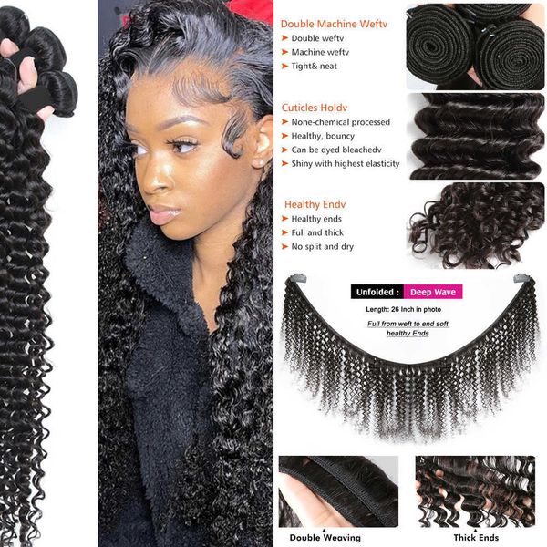 

nxy lace wigs deep wave 28 30 32 34 inch remy brazilian hair human bundles natural color 100% curly water 230106, Black;brown