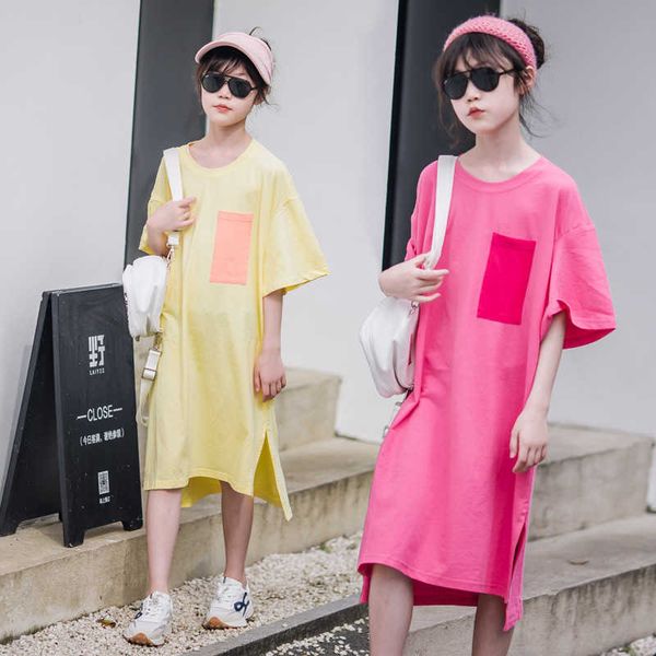 

girl's teen girls dress summer 2022 children cotton clothing kids loose casual mid-length dresses #6880 0131, Red;yellow
