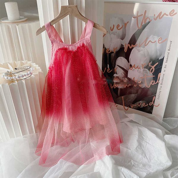

girl's dresses girls vest 2022 summer new baby girl suspenders fashion gradient mesh dress 0131, Red;yellow