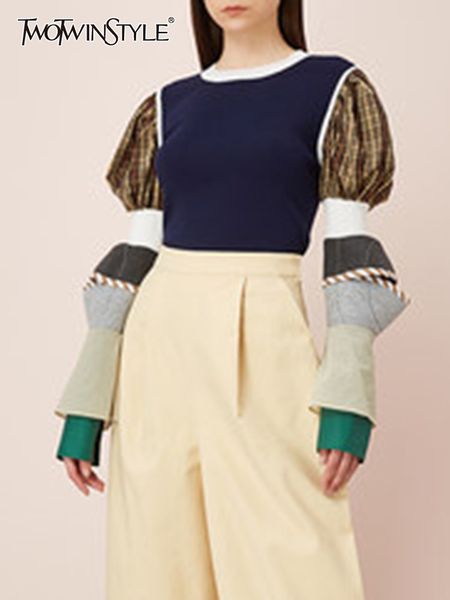 

women's sweaters twotwinstyle patchwork ruffles casual sweater for women round neck long puff sleeve pullovers female autumn fashion cl, White;black