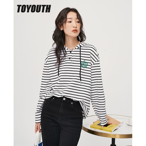 

women's hoodies sweatshirts toyouth women with hat autumn long sleeve o neck loose stripe embroidery chic casual streetwear pullove 230, Black