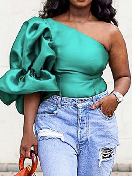 

women's blouses shirts one shoulder blouse women lantern sleeve party female elegant backless women's tunic elegant green 230201, White