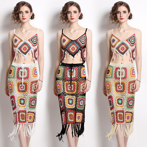 

bohemian beach holiday women's two piece dress knitted camisole and slim fitting tassel skirt suit, White