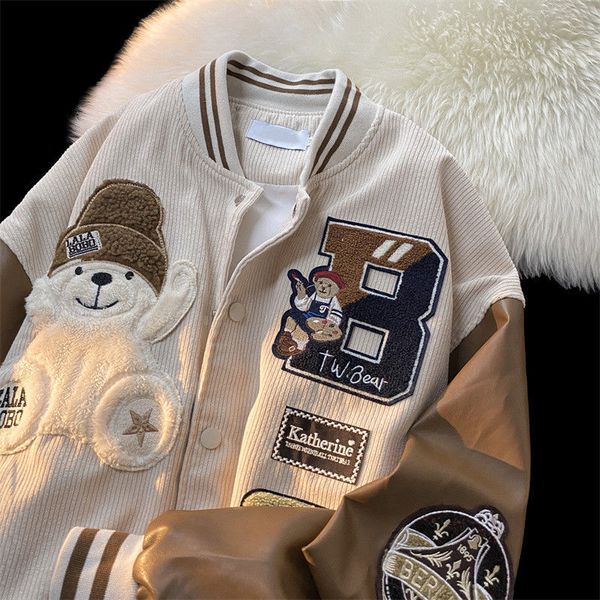 

women's jackets bear flocking embroidery women japanese vintage spring and autumn trend corduroy baseball uniform casual oversized 2302, Black;brown